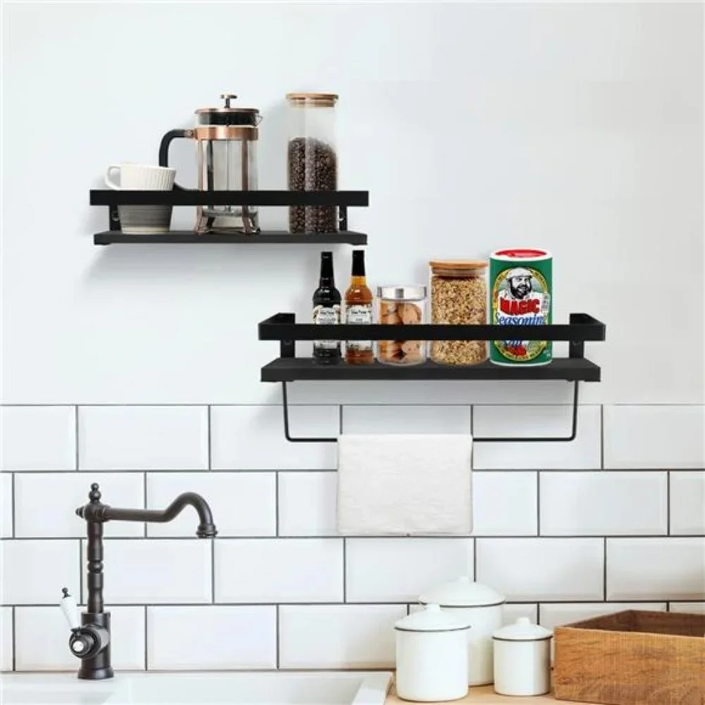 Bathroom Storage Shelf Wall Mounted Set of 2 with Removable Towel Bar (Black)